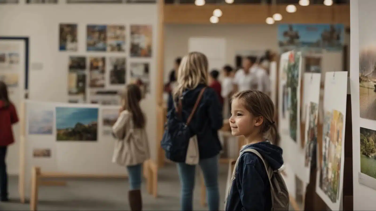 a child proudly shows their artwork at a school exhibition as parents look on with pride.