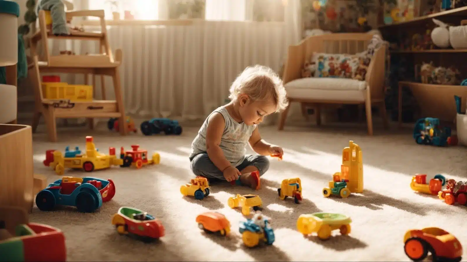 a toddler shares toys with peers in a sunlit playroom, embodying budding autonomy and peer interaction.