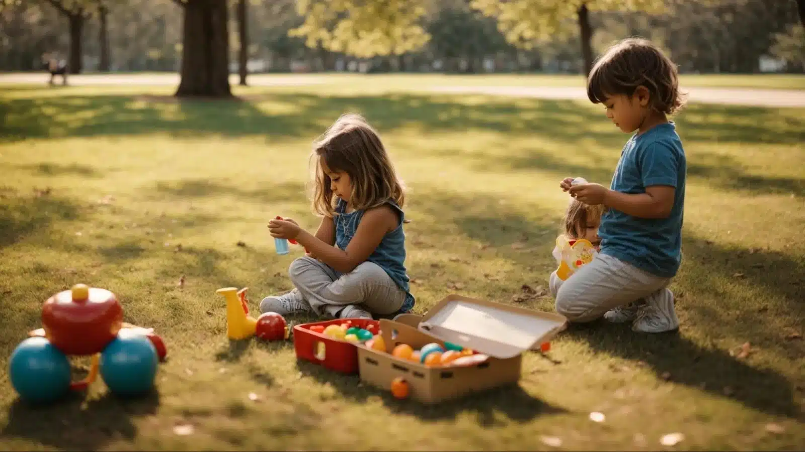 a preschooler sharing toys with a friend under the watchful eye of a parent in a sunny park.