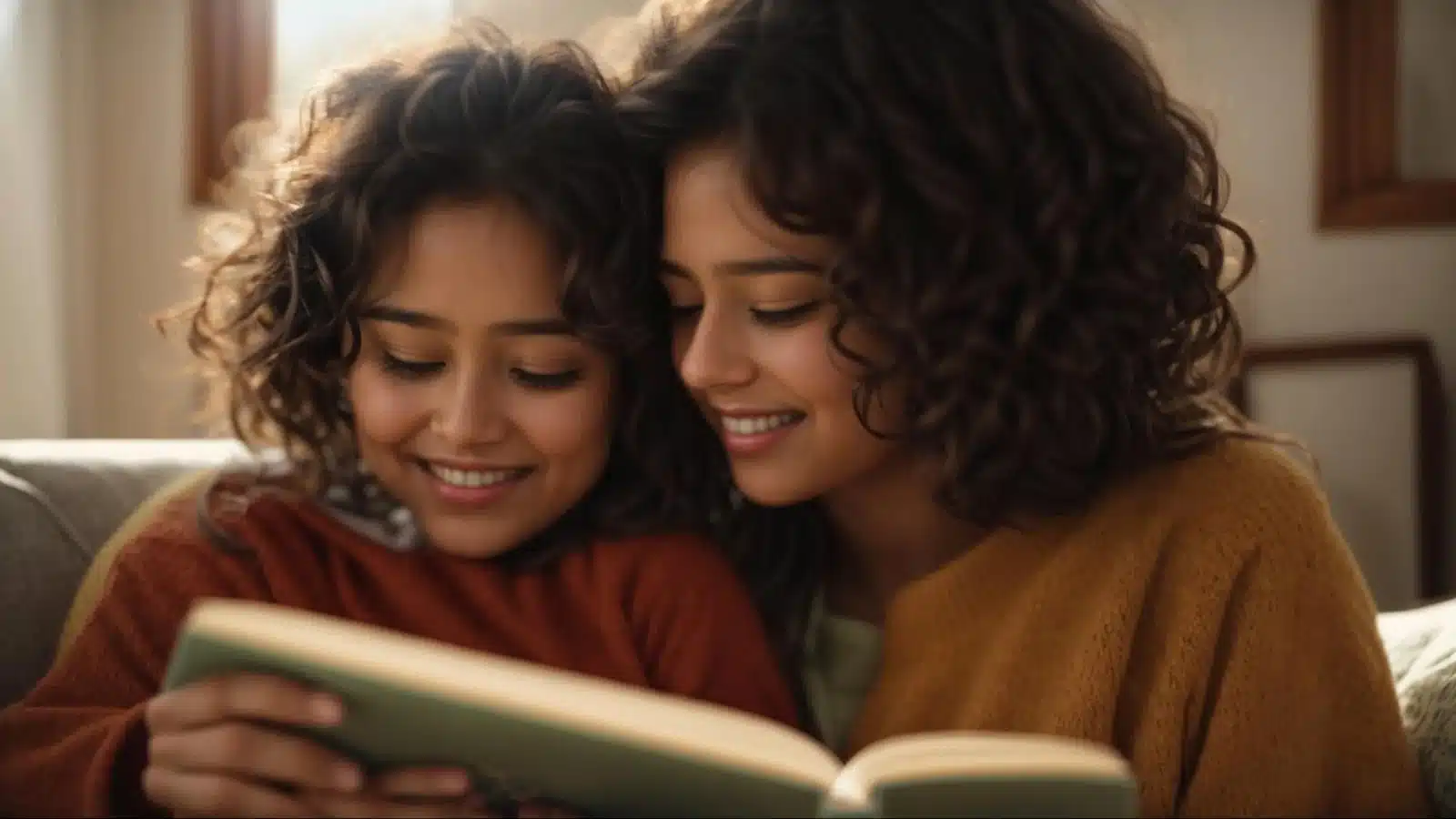 a parent and child happily read a book together in a cozy, sunlit room.