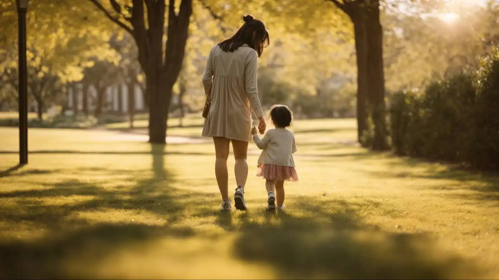 a compassionate adult gently guiding a small child as they take tentative steps in a sunny park.