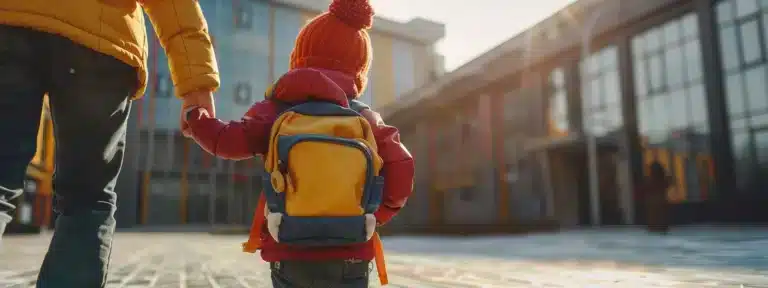 child with backpack enters school with parent shown from behind